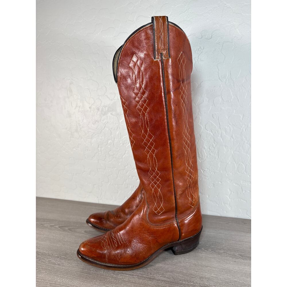 Vintage Wrangler Womens Cowboy Boots Tall Brown Leather Western Knee High Sz 7.5